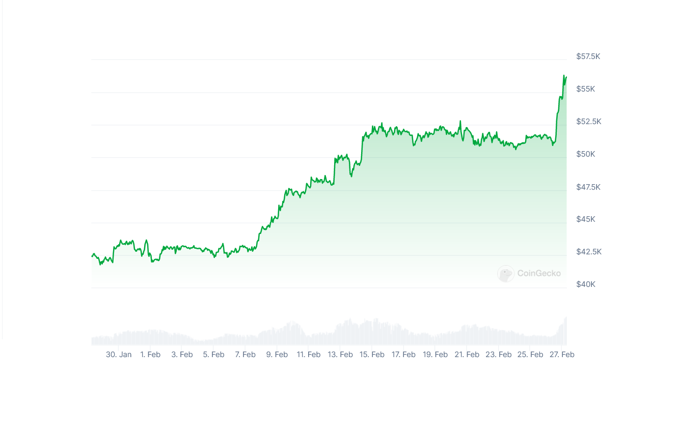 Diena kriptoje: BTC nuskrido iki USD 57 000, dingo kripto keitykla, bitkoininis airdropas